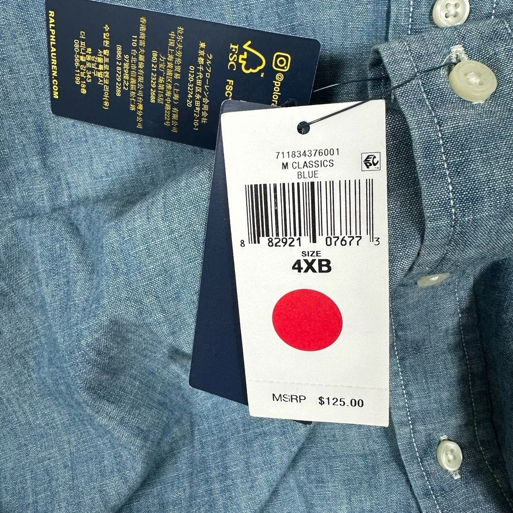 Polo Ralph Lauren Shirt Mens 4XB Blue Chambray Long Sleeve Button Down NEW
